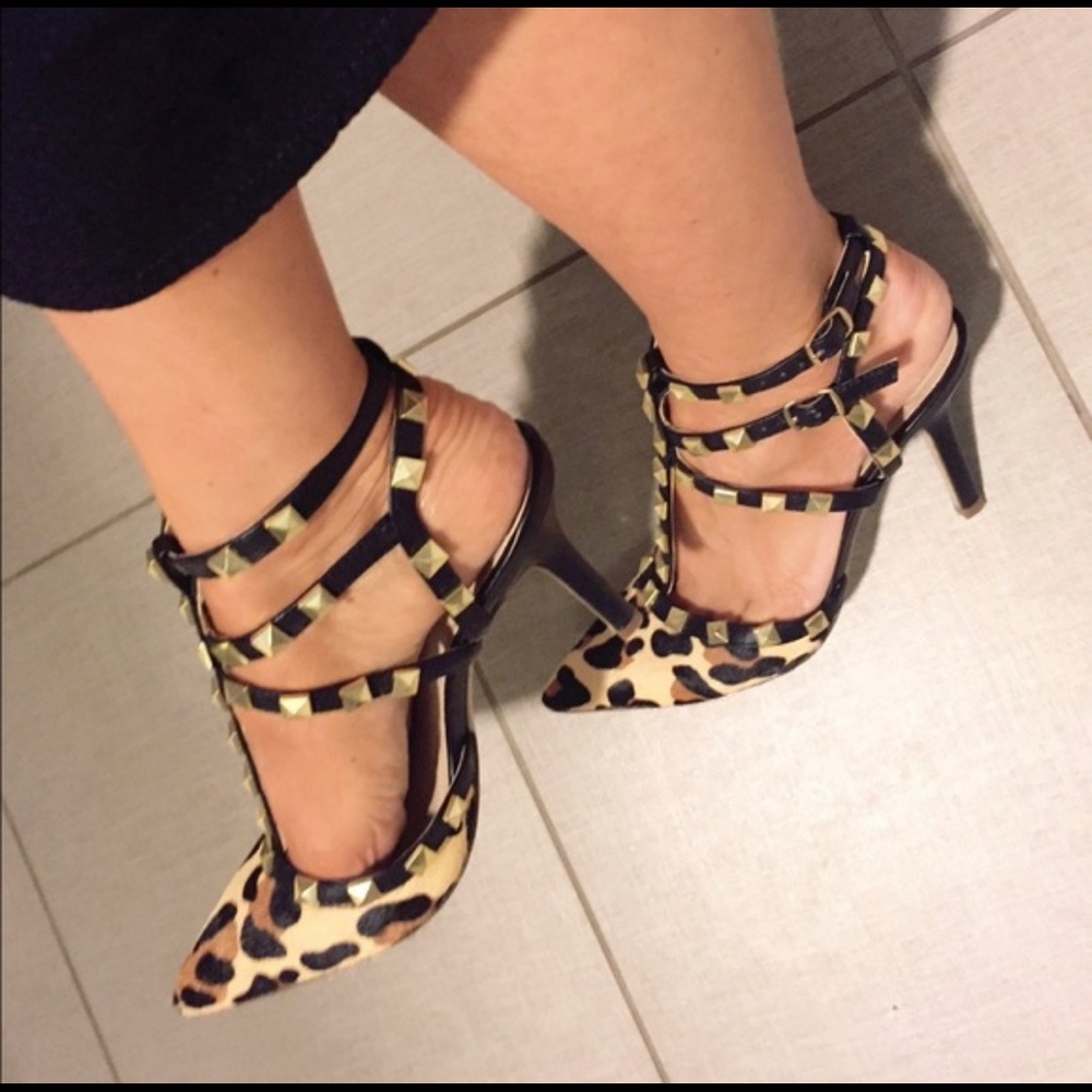 BCBG studded calf hair leopard pumps